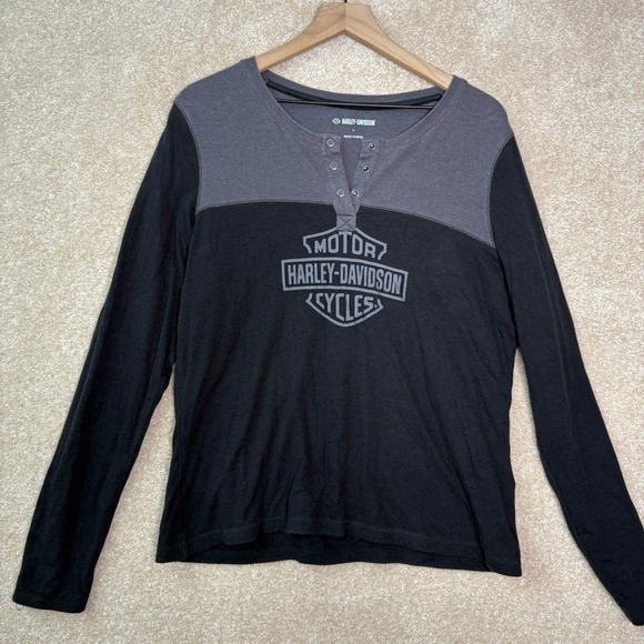 Harley-Davidson Tops - HARLEY-DAVIDSON Henley Shirt Women's Large Black Logo Long Sleeve Biker Moto